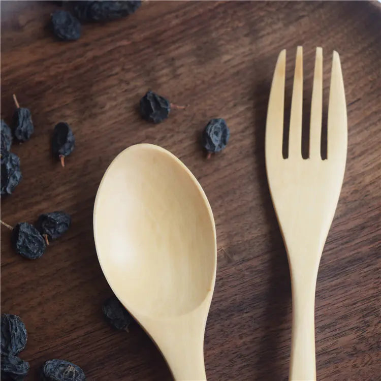 Eco-Friendly Wooden Spoon and Fork Set (Portable)
