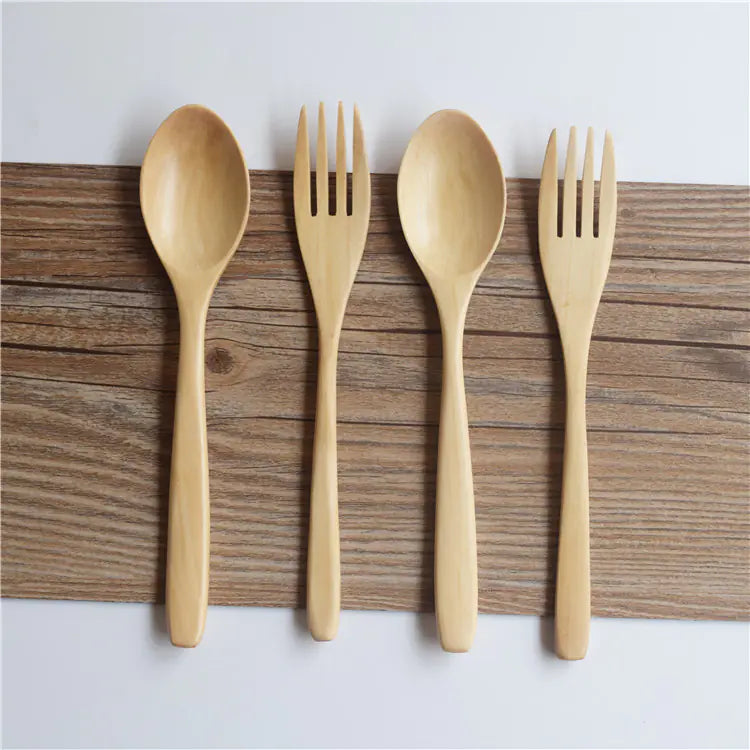 Eco-Friendly Wooden Spoon and Fork Set (Portable)