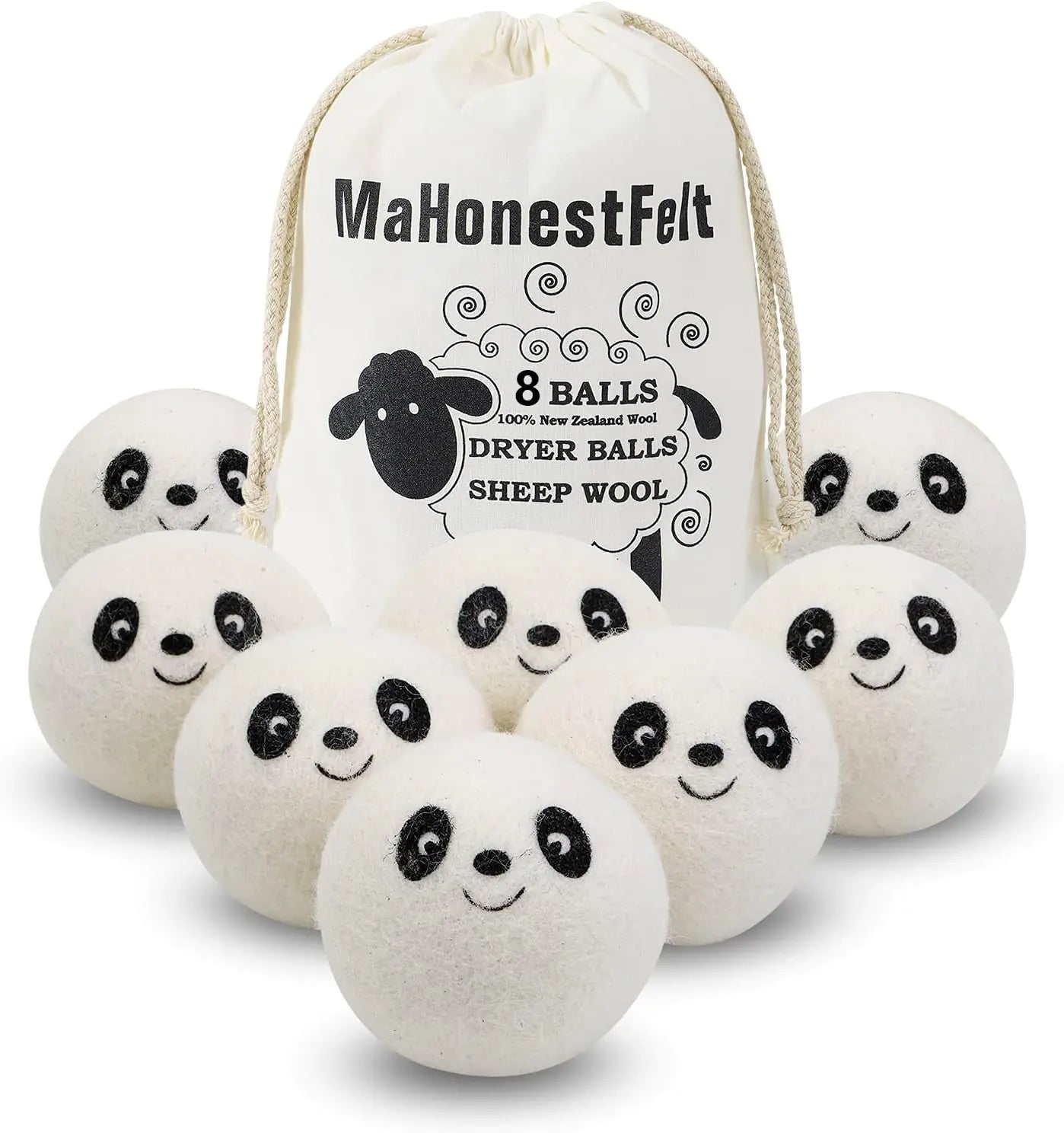 8 Wool Dryer Balls - Natural Fabric Softener Reusable Reduces Clothing Wrinkles and Saves Drying Time. Handmade Fair Trade No Lint Fabric Softener White (Pack of 8)