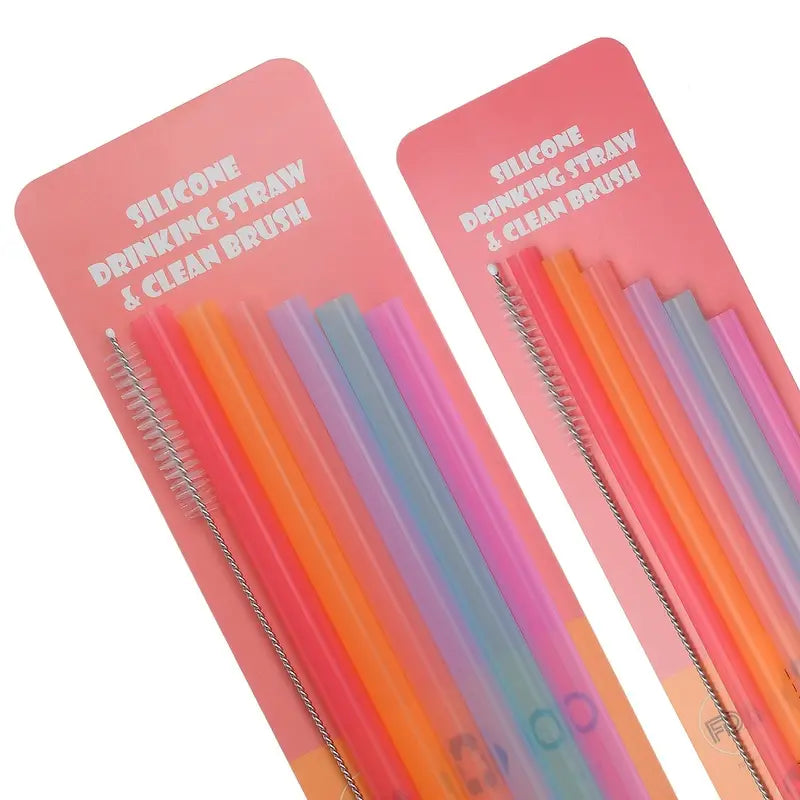 6 Eco-Friendly Reusable Silicone Straws with Cleaning Brush